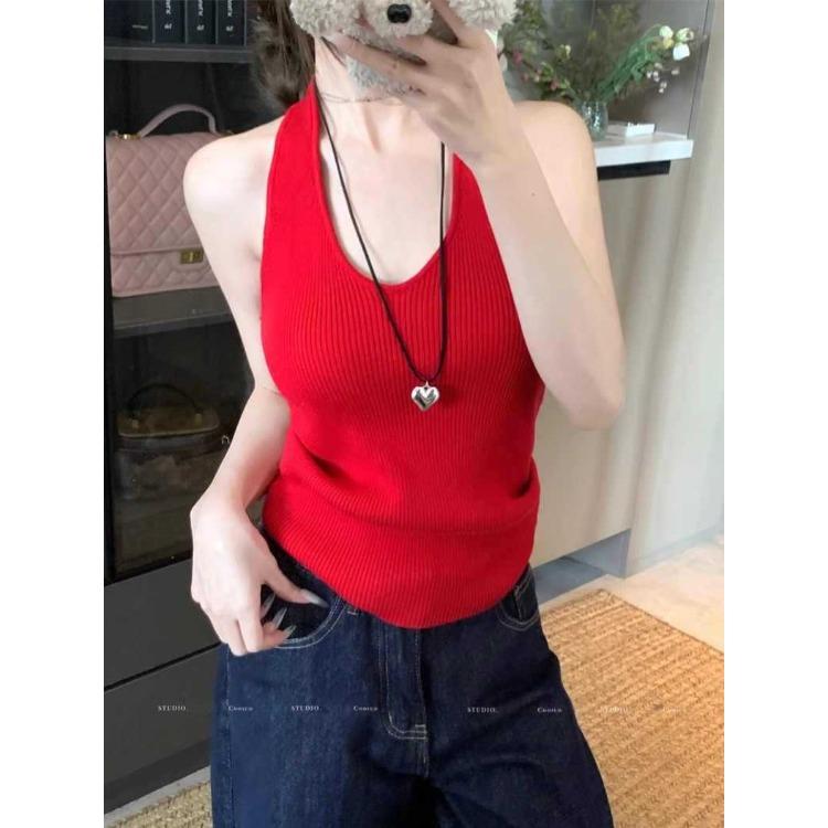 

Girly-style Solid-colour Knitted Halter Neck Tank Top for Women A Stylish Retro Summer Top with A Flattering Back Design That Slims The Figure One size красный