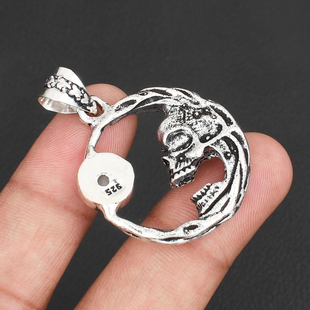 925 Sterling Silver Crescent Moon Skull Pendant for Men & Women Witchy Boho Jewelry with Rainbow Moonstone Gemstone
