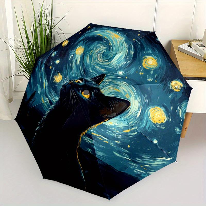 1pc Automatic Open/Close Umbrella with Starry Night Cat - Van Gogh Inspired Black Cat & Swirling Stars Design, Compact Travel