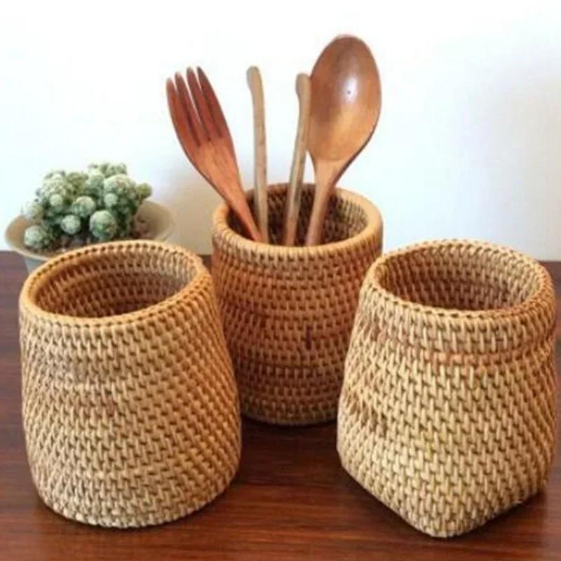 Handmade Pen Holder Hand Woven Wood Vine Rattan Stationery Container Storage Box Organizer Office School Desk Accessories Decor