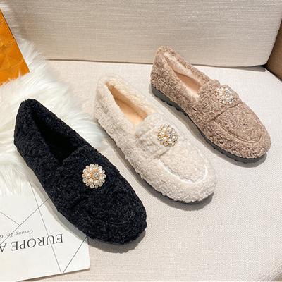 Mode 2025 Lamsvacht Mocassins dames warme pluche winterschoenen vrouw espadrilles comfortabele fleece loafers kristal parel bont platte schoenen plus size