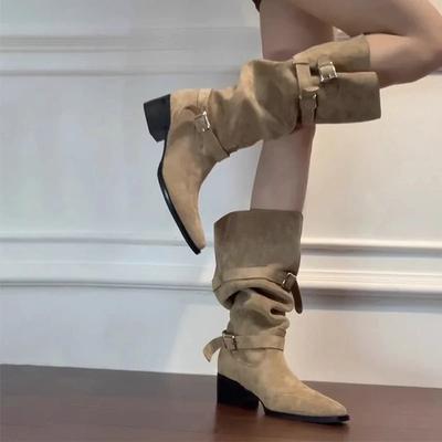 Botas de Cowboy Ocidentais Retrô Botinhas de Cano Alto Botas Femininas Cáqui Longas Moda Coreana Rasteiras Uso Diário Outono