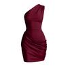 European and American satin single shoulder hip skirt women's slanted shoulder pleated sexy slim nightclub party dress dress