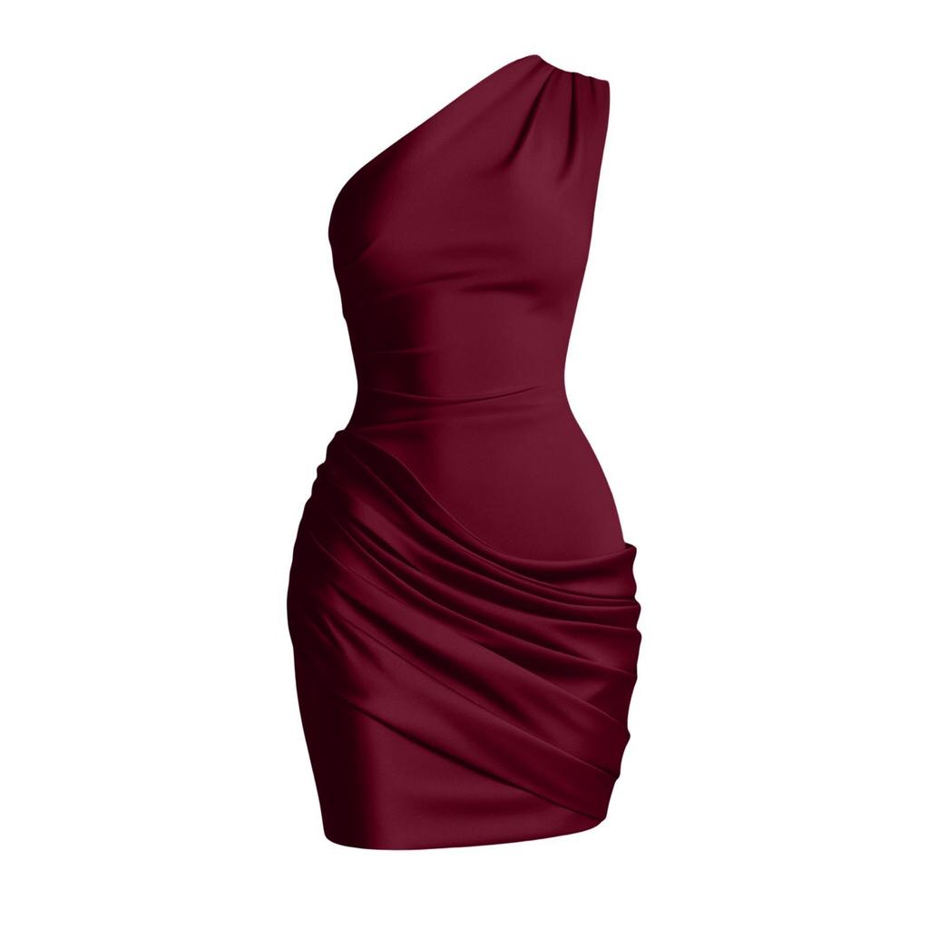 European and American satin single shoulder hip skirt women's slanted shoulder pleated sexy slim nightclub party dress dress