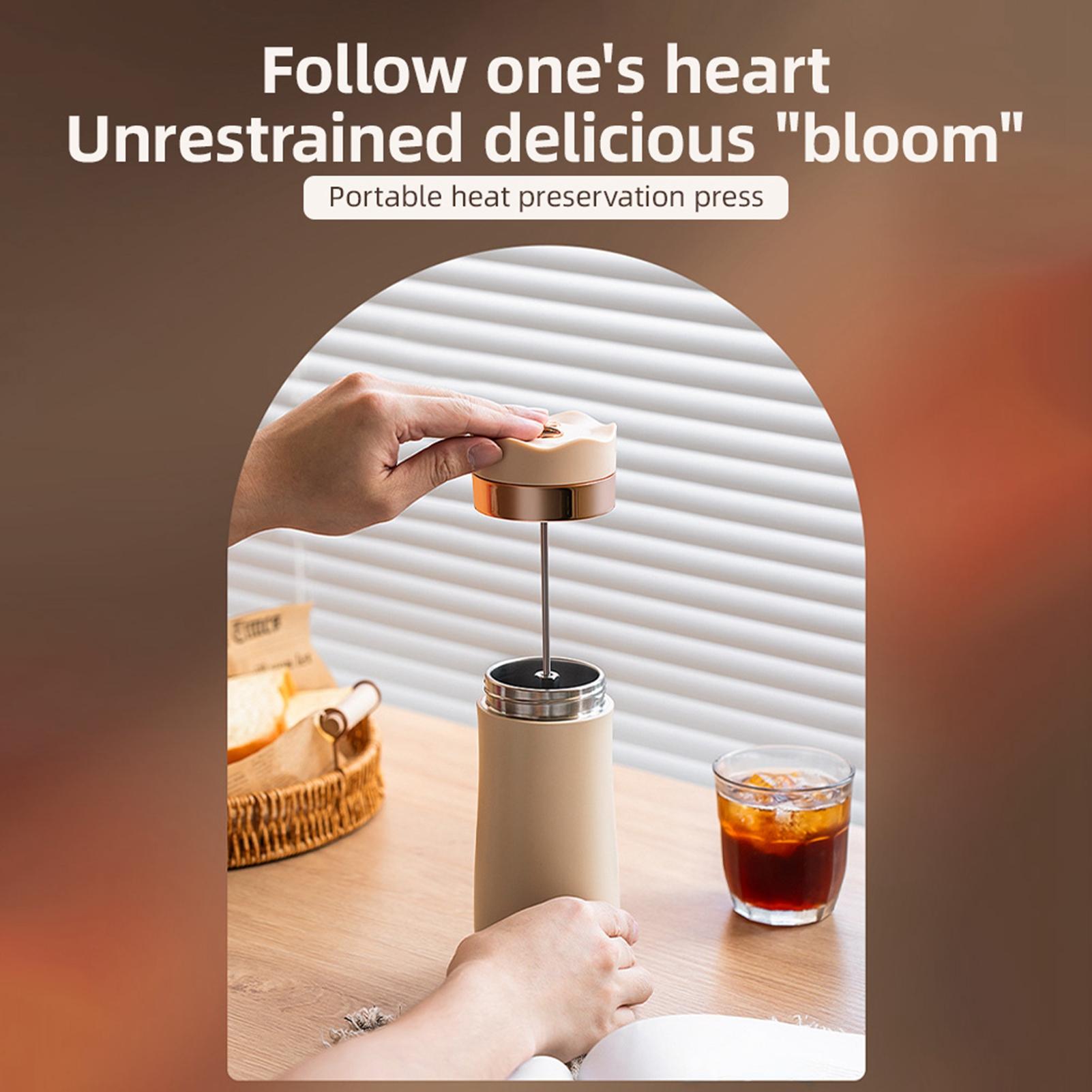 

Портативная дорожная кружка френч-пресс 320 мл 11 унций из нержавеющей стали с двойными стенками с изоляцией, кофеварка для молотого кофе и слоновая кость