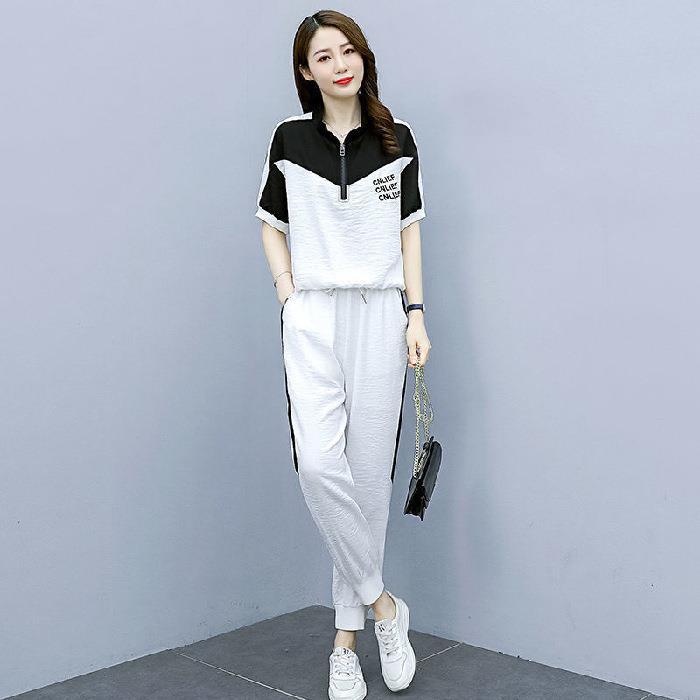 Спортивный костюм для женщин Летняя мода Контрастная цветная вставка Костюм Повседневный спортивный костюм-двойка для женщин M