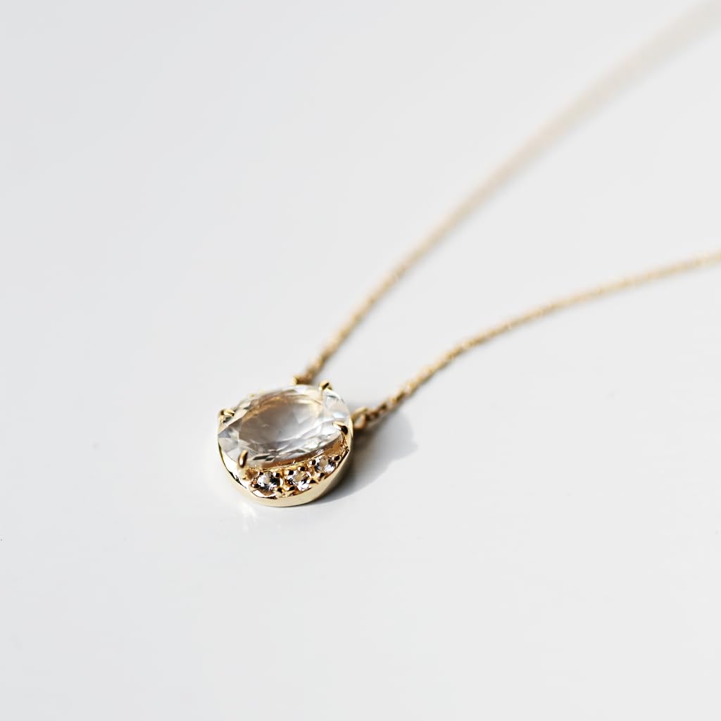 Soi June Birthstone Halo Necklace with Blue Moonstone Yellow Gold with Authentic Natural Stone Birthday Amulet (10K Topaz, 40cm) - Jewelry, Gift,