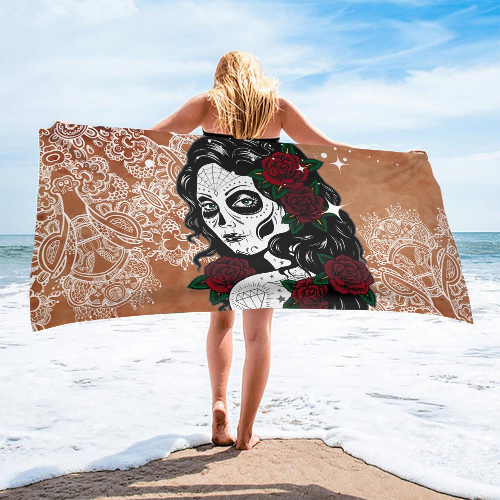 Halloween Horrible Sugar Skull Girl Printed Beach Towel Outdoor Quick Drying Swimming Bath Towels Yoga Mat for Kids Adults Gift
