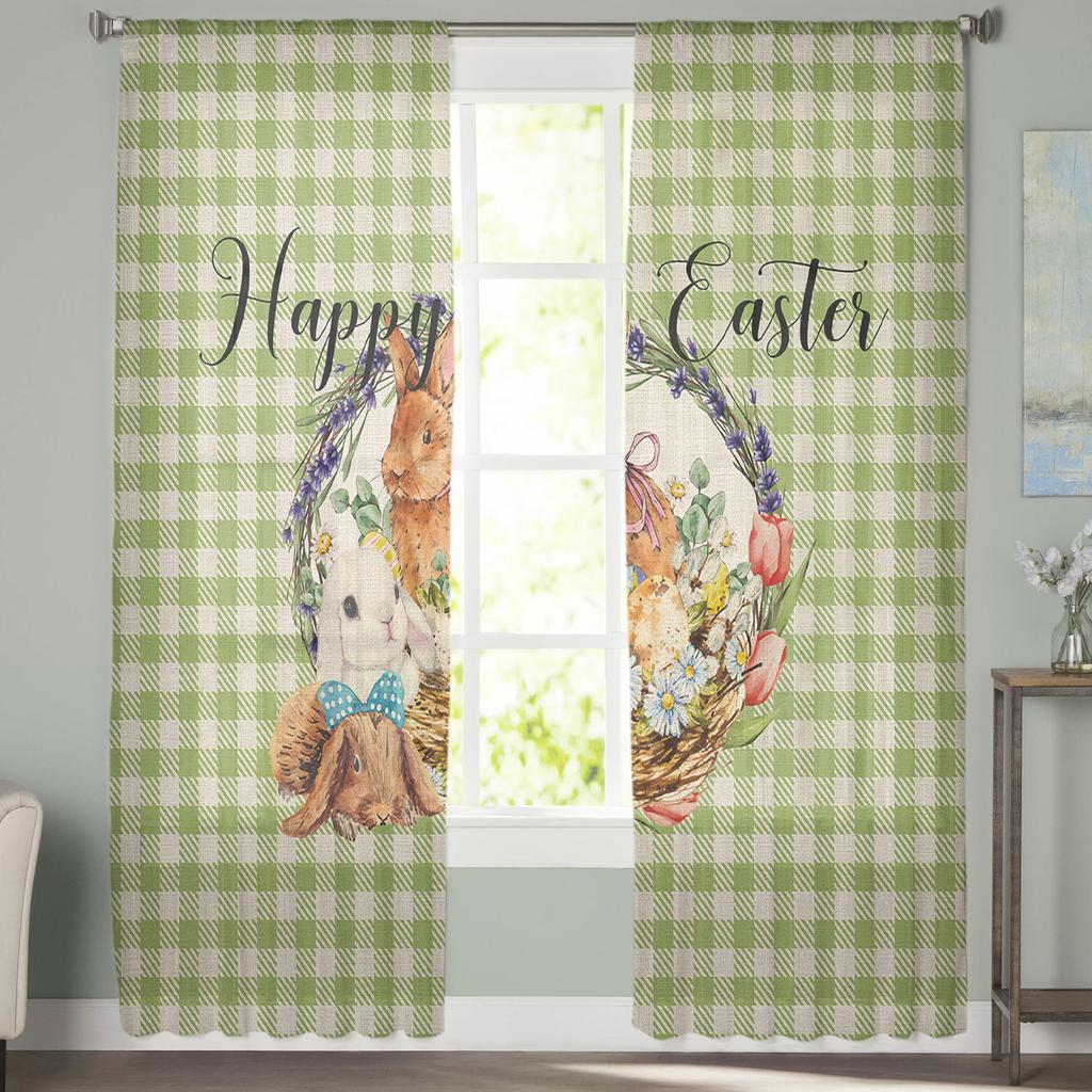 Easter Bunny Eggs Watercolor Plaid Tulle Curtains For Living Room Bedroom Voile Sheer Curtain Window Home Decor Drapes