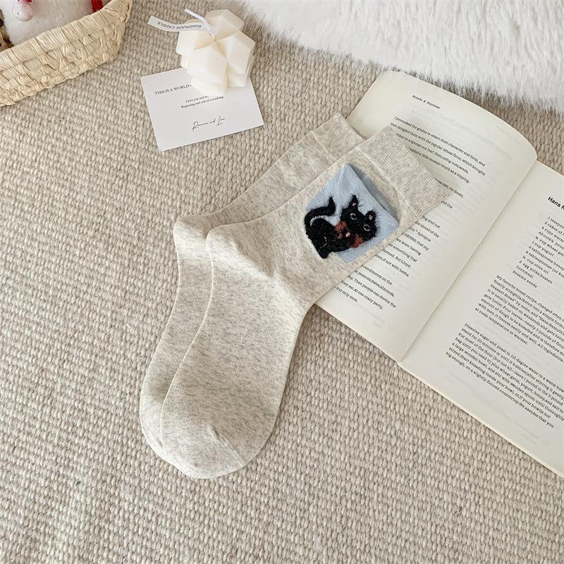 Cartoon Pocket Socks for Girls, Cute Little Cats and Dogs, Trendy Mid-calf Socks, Personalized Animal Flocked Pile Socks