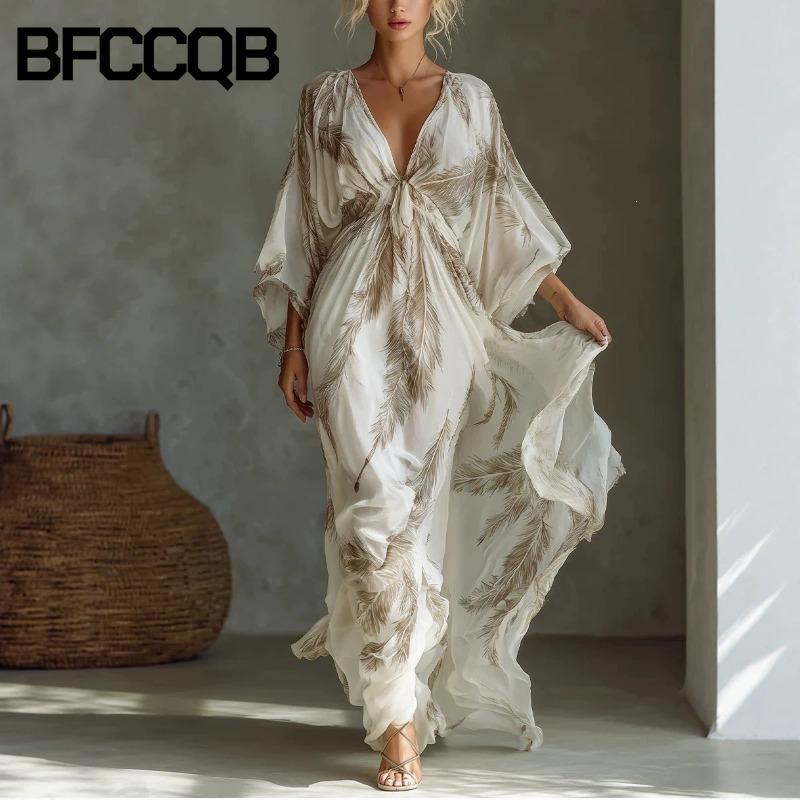 BFCCQB Women's Fashion 3/4 Sleeves V-Neck Summer Spring Solid Color Print Casual Dresses