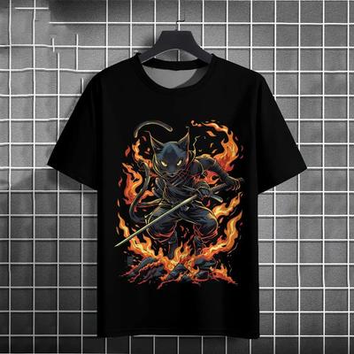 Men's T Shirt Japanese Samurai Cat Pattern Printed Tops Neck Loose Tops Breathable Comfortable Summer Casual Oversized Clothing