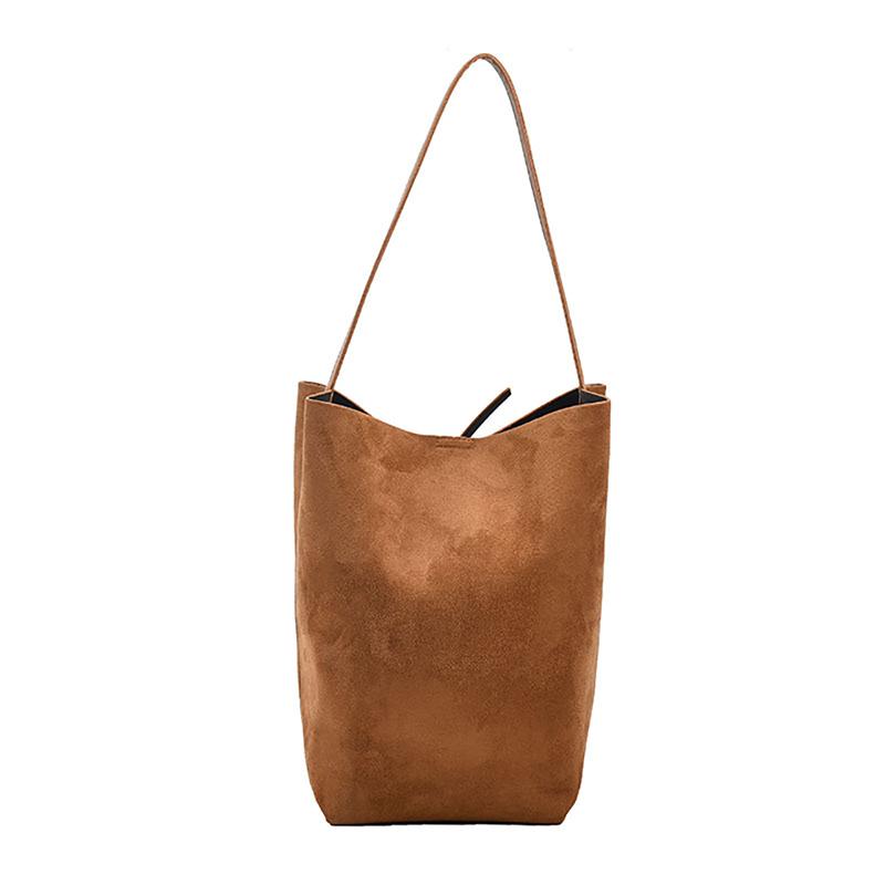 High-quality Vintage Suede Bucket Bag Large Capacity Casual All-match Single Shoulder Tote Bag Women's Korean Solid Commuter Bag