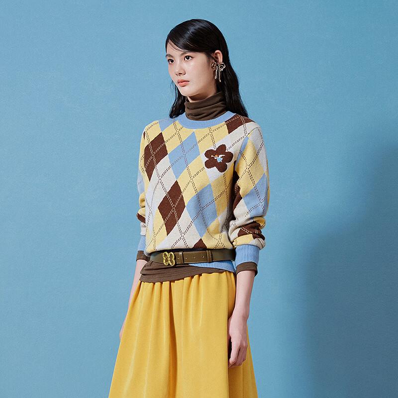 LEDIN Colorblock Argyle Round-Neck Knitted Sweater