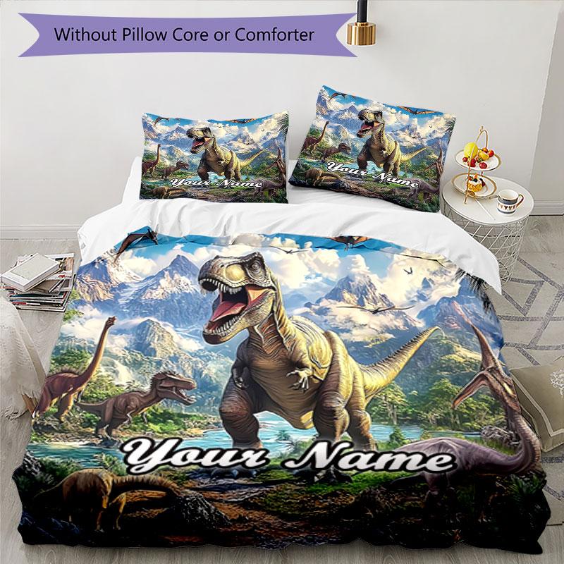 3PC Custom Name Dinosaur Adventure Mountains Bedding Set Duvet Cover Closure Includes 1 Duvet Cover & 2 Pillowcases for Bedroom
