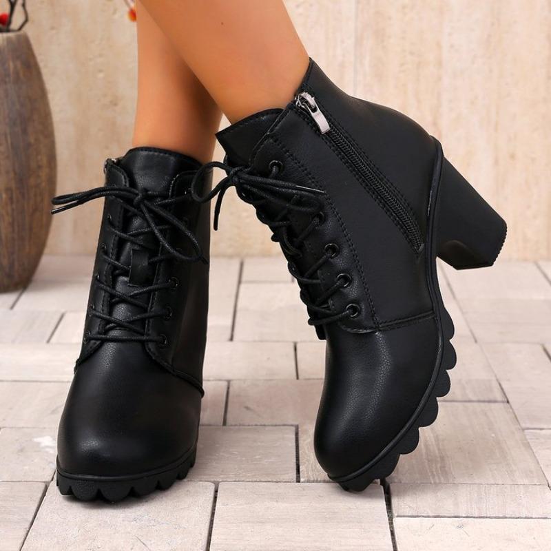 2026 Fashion Short-thigh Boots Autumn New Round Toe Lace-up Side Zipper Platform Anti-slip Wear-resistant High Heels