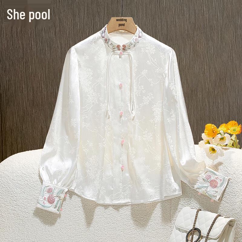 Women s New Chinese Style Jacquard Embroidered Stand Collar Shirt M