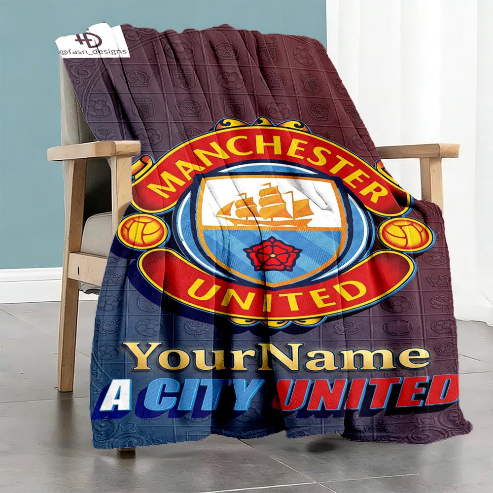 Manchester City Personalized Name Blanket Lightweight Personalized Blanket Comfortable Versatile for Picnics Nap Seaside Bedding Four Seasons Universa