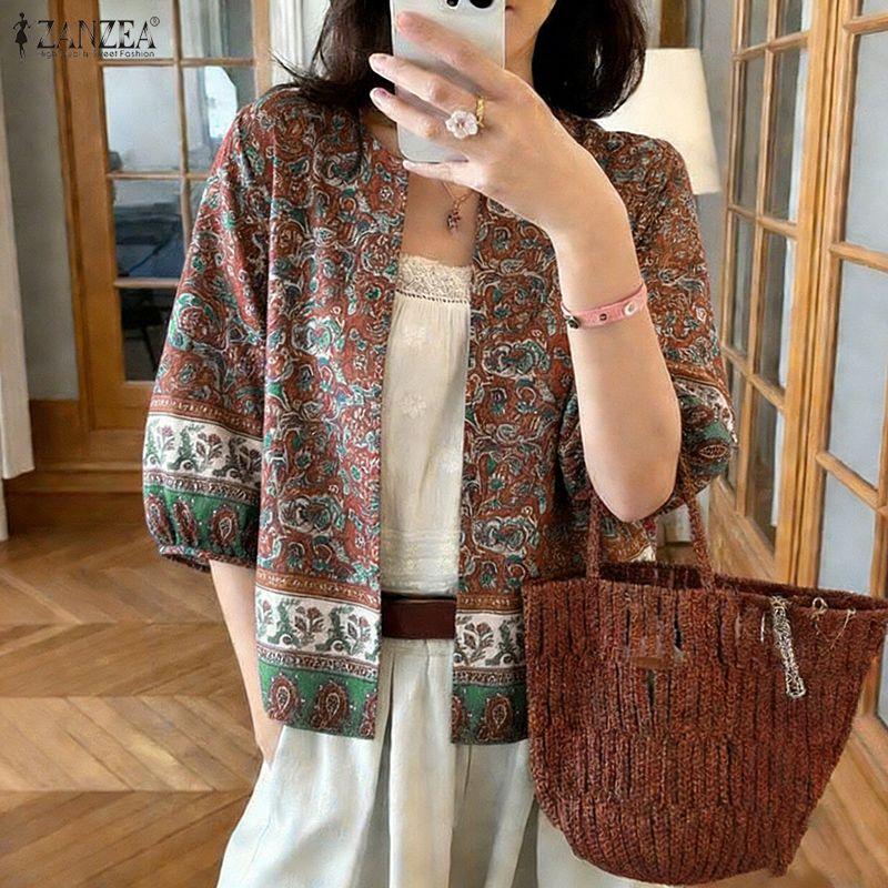 ZANZEA Boho-Print Damen Lässig Offen Vorne 3/4 Ärmel Locker Überwurf Bluse