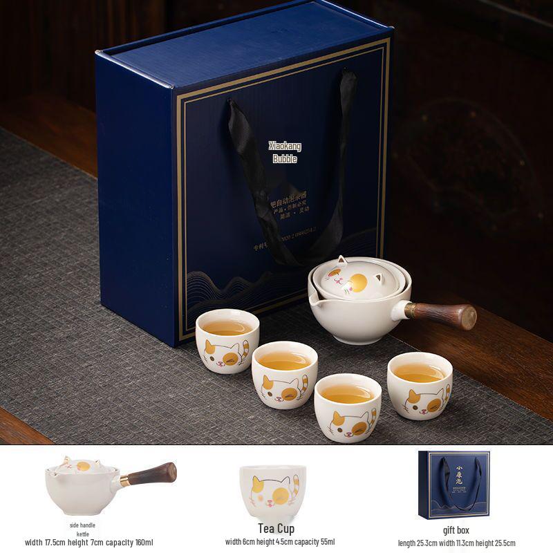 Portable Ceramic Kung Fu Tea Set with Bag – Includes One Pot, Four Cups, and Side Handle for Outdoor or Car Use