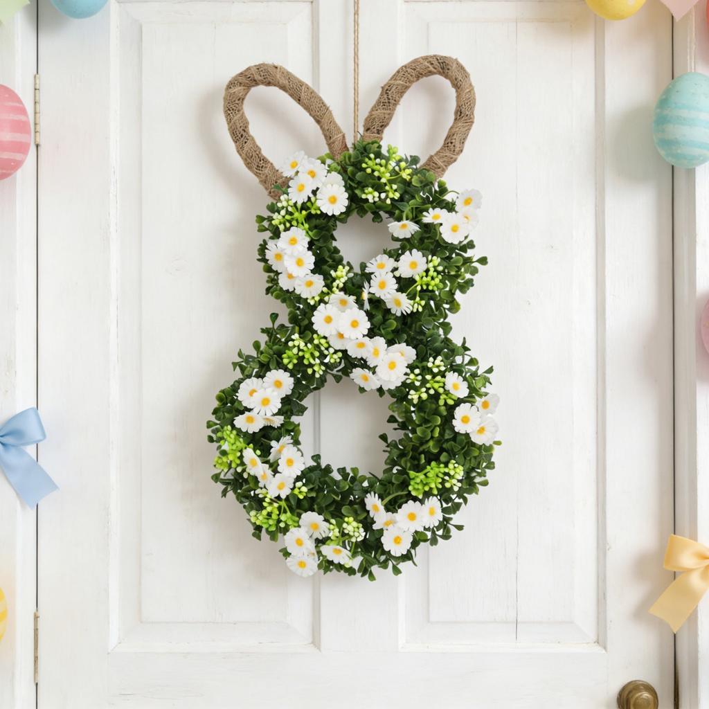 50*25cm Easter Bunny Wreath With Flowers, Bunny Shaped Pendant, Front Door Decoration
