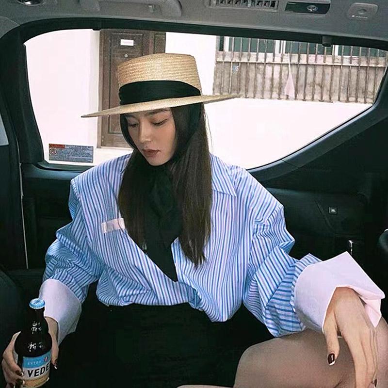 New 10cm Straw Hat For Women Black Ribbon Flat Top Straw Hat Ladies Summer Vacation Sunscreen Sun Hat Wide Brim Casual Girls Cap