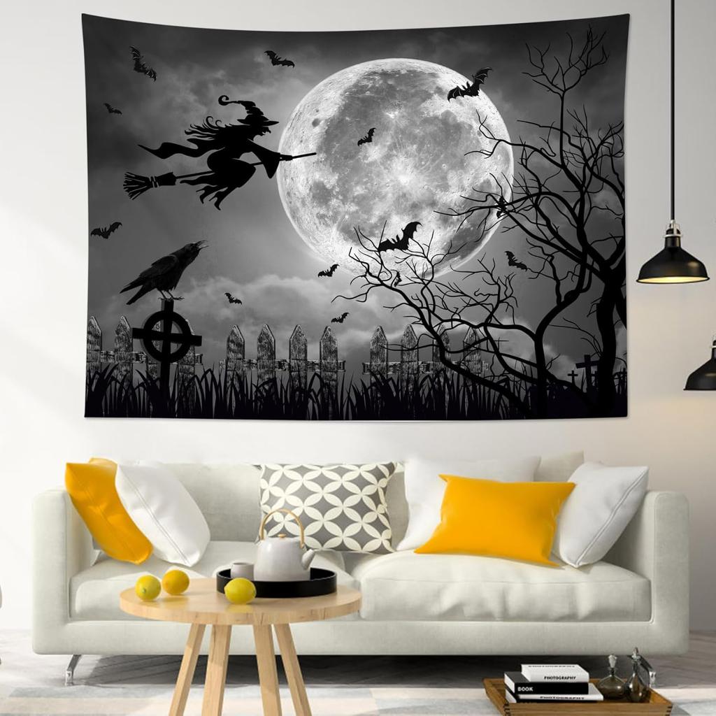 MEUNEAR Halloween Tapestry Scary Full Moon Night Witch and Black Crow Bat Tapestry Wall Hanging Spooky Grey Dead Tree Forest Wal