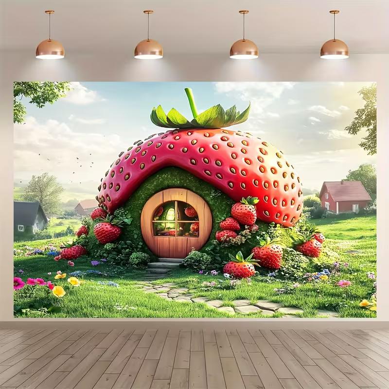 2D Enchanted Strawberry House Backdrop Spring Garden Party Background