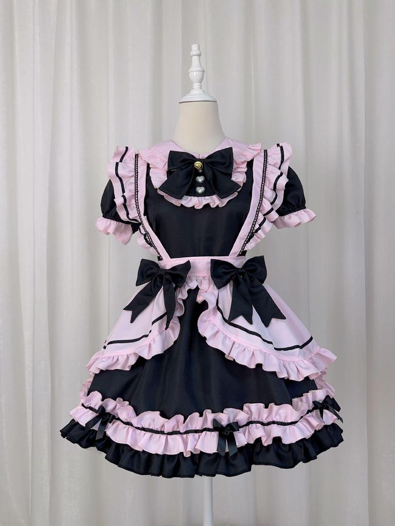 New Japanese Lolita Black Pink Maid Costume with Cute Cat Bow