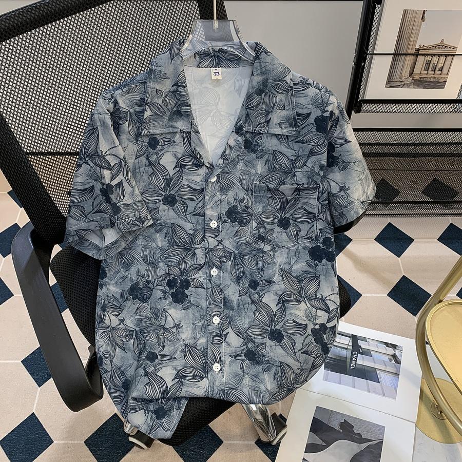 Summer Island Vacation Style Ice Silk Short Sleeve Floral Shirt Men's Hawaiian Cuban Collar Shirt Cool Fashion for Men