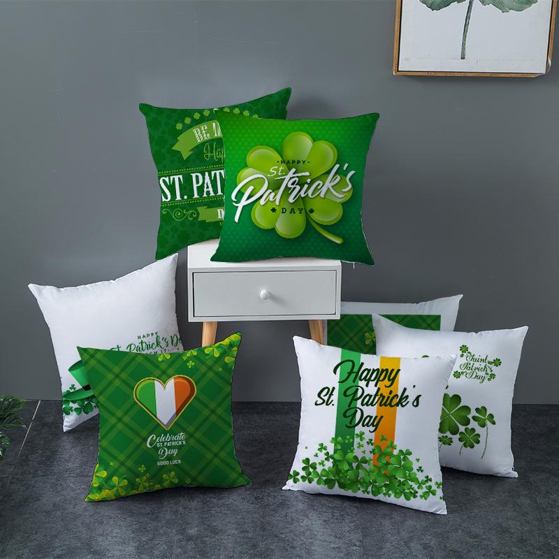 Home St. Patrick's Day Green Peach Velvet Cushion Cover National Day Four-Leaf Clover Cushion Cover