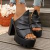 Damen Plateau-Slipper mit klobigem Absatz, Runde Zehenpartie, Einfarbige, Übergröße, Freizeit-Sandalen