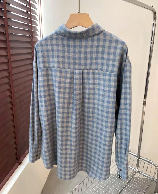 Blauw Ruitjes Hart Geborduurd Dik Katoen Lange Mouwen Shirt - Nieuwe Winter Collectie