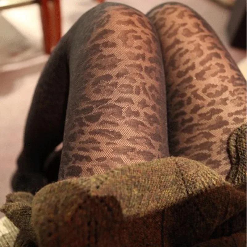Vintage Women Sexy Thin Transparent Silky Pantyhose Gothic Black Sexy Leopard Animal Pattern Sheer Tights Seamless Stockings