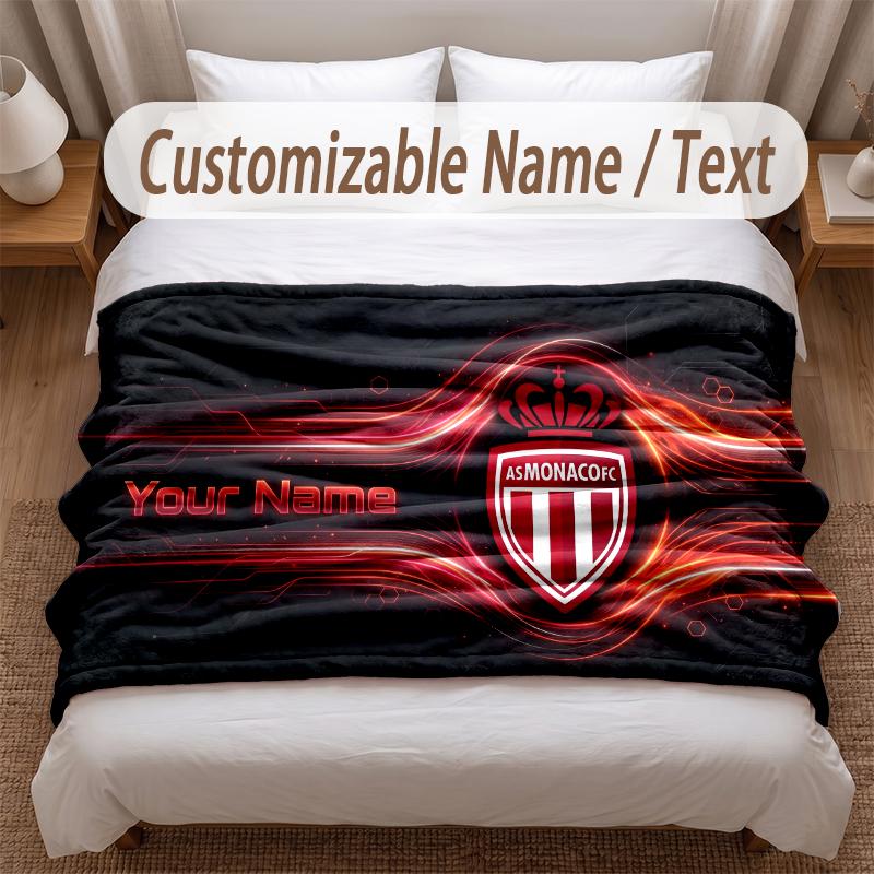 Monaco FC Printed Flannel Blanket Custom Name Text Soft Warm Throw For Bedroom Holiday Gift