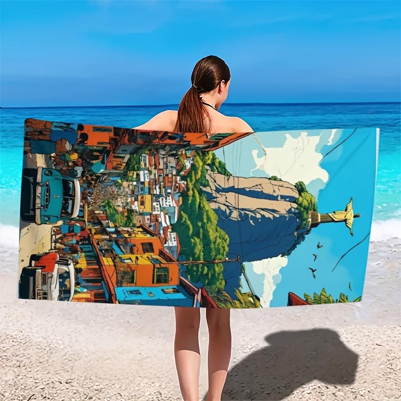 1PC Brazil Style Beach Towel, Rio de Janeiro Christ Statue Colorful Houses Art Pattern Design for Travel Beach Pool Summer Use
