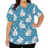 Women's Fashionable V-neck Short-sleeved Work Top With Double Side Slits And Pockets, Featuring Easter Bunny And Egg Prints.