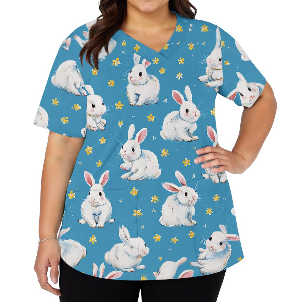 Women's Fashionable V-neck Short-sleeved Work Top With Double Side Slits And Pockets, Featuring Easter Bunny And Egg Prints.