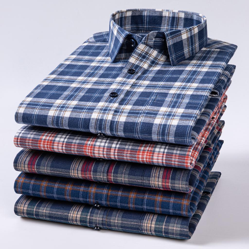Over Size 100%cotton Brushed Plaid Long Sleeve Shirts for Men Single Pocket Casual Tops Soft Vintage Elegant Designer Clothes