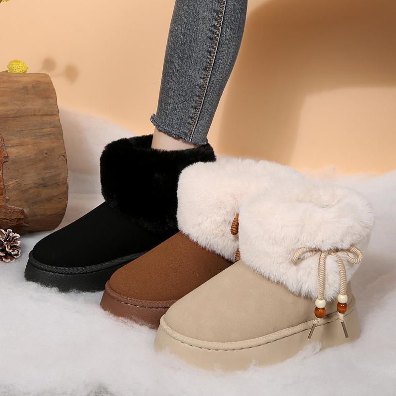 Sweet Beaded Bowknot Decoration Furry Snow Boots Women 2025 Winter Soft Thick Bottom Non Slip Fur Booties Warm Short Plush Boots