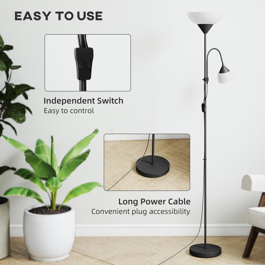 LED Floor Lamp for Living Room, 180cm Tall Standing Lamp, Mother and Child Uplighter with Adjustable Gooseneck, Black
