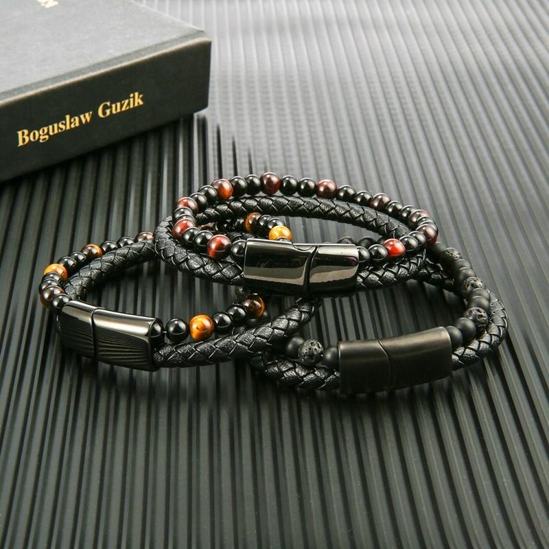 Black Leather Men's Braided Bracelet with Tiger's Eye Natural Stone