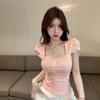 New Summer Bow Lace Edge Pink Sweet Spice Girl Short Bubble Sleeve Short Sleeve T-Shirt Top Women