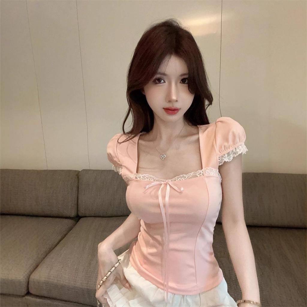 New Summer Bow Lace Edge Pink Sweet Spice Girl Short Bubble Sleeve Short Sleeve T-Shirt Top Women