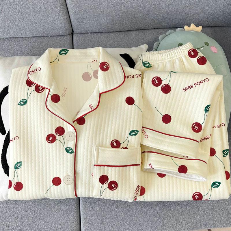 Spring new air cotton pajamas women's winter letter cherry long-sleeved set can be worn outside loungewear real shot
