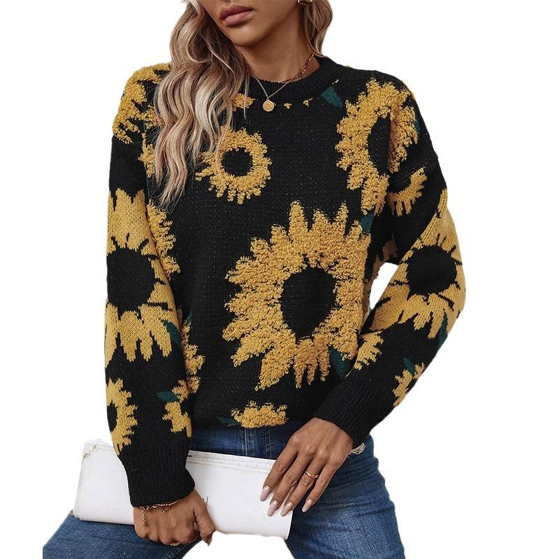 European and American Autumn and Winter New Tops Sunflower Towel Embroidered Round Neck Long-sleeved Knitted Pullover Sweater for Women