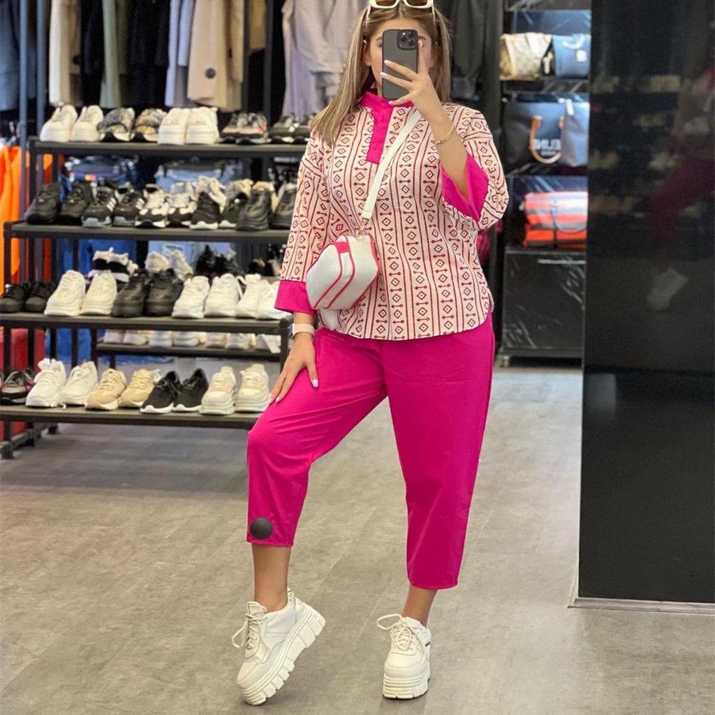 2025 Women's Fashion Set: Cotton Linen Print Top & High Waist Seven-Point Pants with Color Block Patchwork