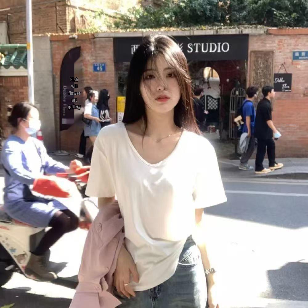 

Женская стильная летняя футболка с V-образным вырезом, свободного кроя, с коротким рукавом, приталенная, повседневная, однотонная, 2025 M