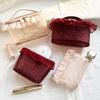 1Pc Purified Red Mesh Makeup Bag With Ruffle Detail Love Embroidery Cute Portable Cosmetic Organizer For Girls Toiletry Pouch