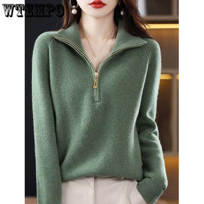 Lapel Sweater for Women In Autumn and Winter Long-sleeved Semi-zipper Knitted Sweater Solid-color Casual Loose Pullover
